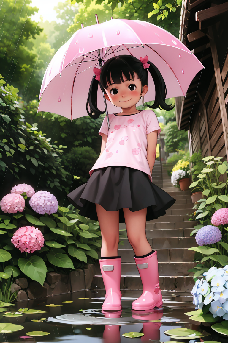 388325-201798459-masterpiece,best quality,_lora_comiclo_0.8_,1girl,solo,umbrella,rubber boots,flower,closed umbrella,boots,black hair,skirt,rain,.png